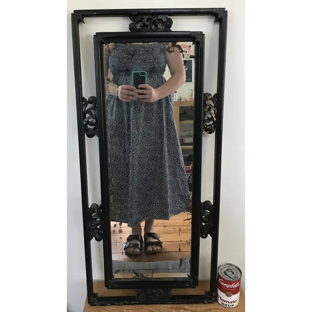 Antique Vtg Chinese Asian Laquer Wood Frame Plate Glass Wall Mirror Art Deco 31